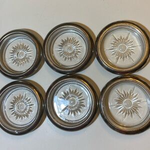 Set Of 6 VTG Leonard Silver Plate Crystal Coasters Italy